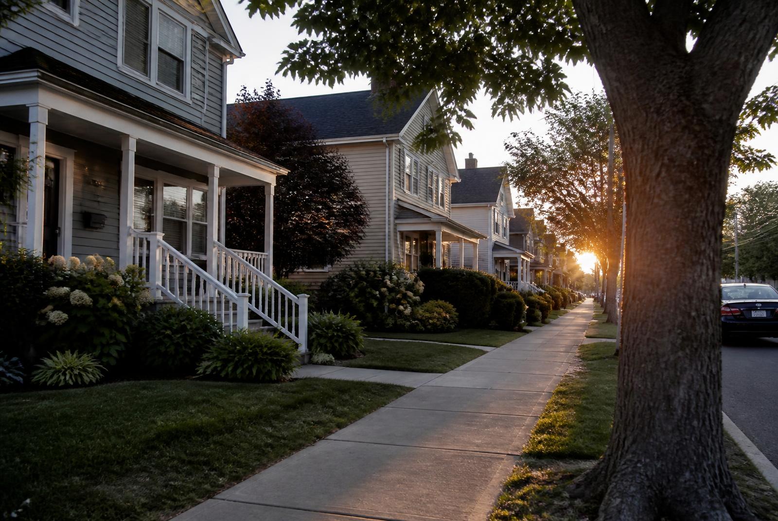 Tree-lined residential street of modest homes at sunset